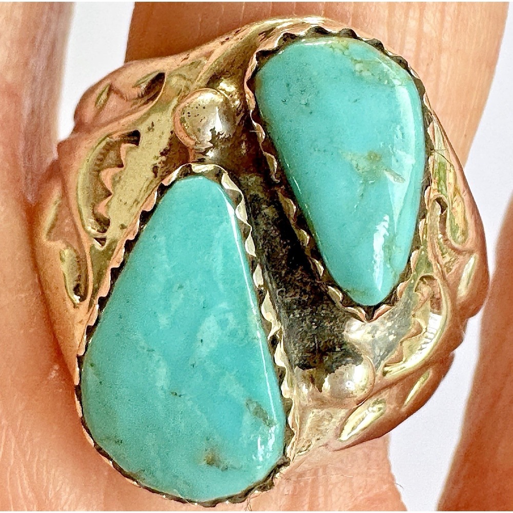 Mens Turquoise Navajo Band Sz 10 Two Stone Ring 21mm Signed ML Handmade Native